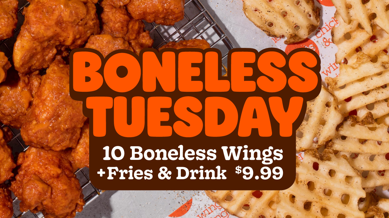 Boneless Tuesday at Hoots | 10 Boneless Wings + Fries & Drink for $9.99