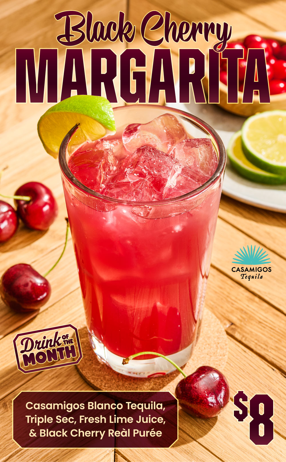 Black Cherry Margarita | September Drink of the Month | Featuring Casamigos Tequila | $8