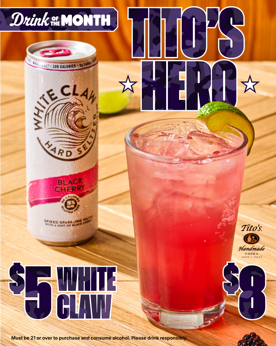 May Drink of the Month | Tito's Hero | $8 | White Claw | $5